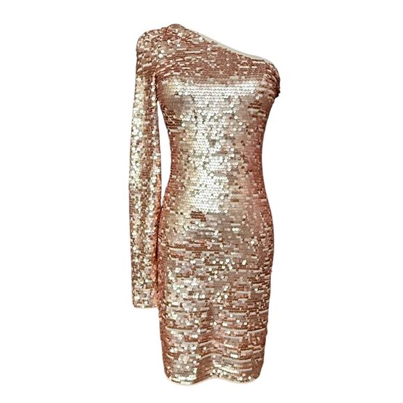 BCBGMAXAZRIA NEW Lyn Copper Combo One Shoulder Sequined Mini Dress Size S - Picture 4 of 10